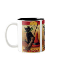 Vintage Halloween Black Cat, Witch's Broom and Hat Mug