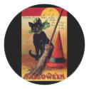 Vintage Halloween Black Cat, Witch's Broom and Hat stickers