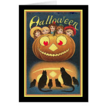 Vintage Halloween Kids, Cats Pumpkin Greeting Card