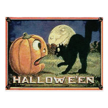 Vintage Halloween Pumpkin  & Cat in Mosaic Post Card