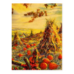 Vintage Halloween Pumpkin Patch with Haystacks Postcard