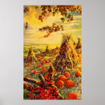 Vintage Halloween Pumpkin Patch with Haystacks Poster