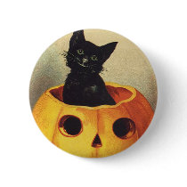 Vintage Halloween Smiling Black Cat in Pumpkin Pin
