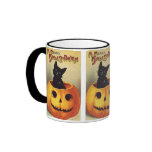 Vintage Halloween Smiling Black Cat in Pumpkin Mugs