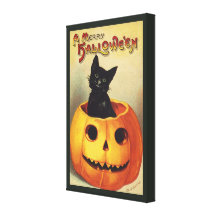 Vintage Halloween Smiling Cute Black Cat Pumpkin Stretched Canvas Print