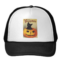 Vintage Halloween Smiling Cute Black Cat Pumpkin Trucker Hat