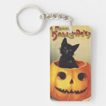 Vintage Halloween Smiling Cute Black Cat Pumpkin Rectangle Acrylic Keychain