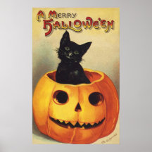 Vintage Halloween Smiling Cute Black Cat Pumpkin Poster