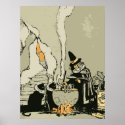 Vintage Halloween Witch, Cauldron and Black Cats posters