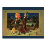Vintage Halloween Witch Dancing with a Broom Post Card