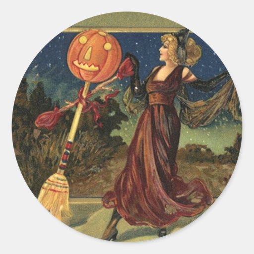 Vintage Halloween Witch Dancing with a Broom Round Sticker