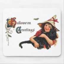Vintage Halloween Witch Holding a Black Cat Mouse Pad