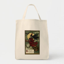 Vintage Halloween Witch Riding a Broom and Moon Canvas Bags