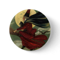 Vintage Halloween Witch Riding a Broom and Moon Pins