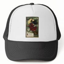 Vintage Halloween Witch Riding a Broom and Moon Mesh Hat
