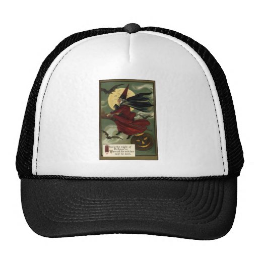 Vintage Halloween Witch Riding a Broom and Moon Mesh Hat