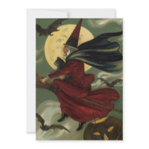 Vintage Halloween Witch Riding a Broom and Moon Personalized Invite