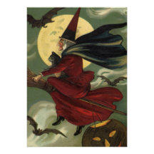 Vintage Halloween Witch Riding a Broom and Moon Personalized Invite