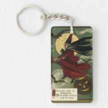 Vintage Halloween Witch Riding a Broom and Moon Acrylic Key Chain