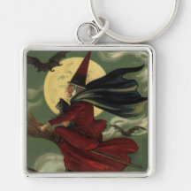 Vintage Halloween Witch Riding a Broom and Moon Keychains