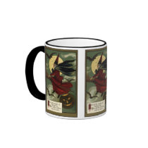 Vintage Halloween Witch Riding a Broom and Moon Coffee Mugs