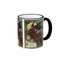 Vintage Halloween Witch Riding a Broom and Moon Coffee Mugs
