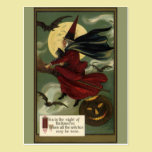 Vintage Halloween Witch Riding a Broom and Moon postcards