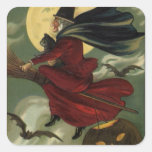 Vintage Halloween Witch Riding a Broom and Moon Square Sticker
