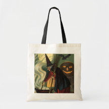 Vintage Halloween Witch Stirring Magic Cauldron Canvas Bags