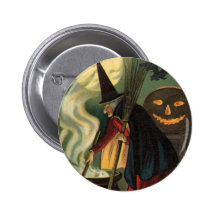 Vintage Halloween Witch Stirring Magic Cauldron Button