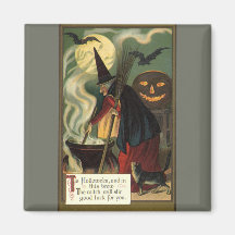 Vintage Halloween Witch Stirring Magic Cauldron Refrigerator Magnet