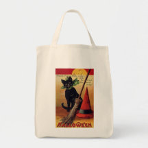 Vintage Halloween with a Black Cat, Broom and Hat Bag