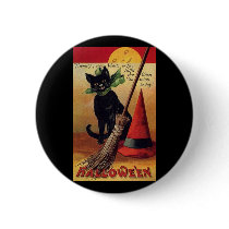 Vintage Halloween with a Black Cat, Broom and Hat Pinback Button