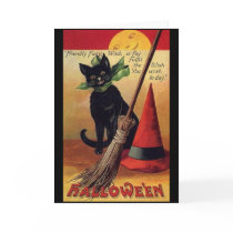 Vintage Halloween with a Black Cat, Broom and Hat Greeting Cards