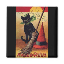 Vintage Halloween with a Black Cat, Broom and Hat Fridge Magnet