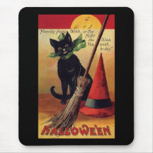 Vintage Halloween with a Black Cat, Broom and Hat Mousepads