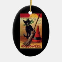 Vintage Halloween with a Black Cat, Broom and Hat Ornament