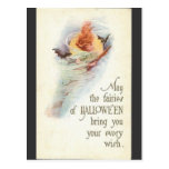 vintage-halloween-woman-bats-broomstick-card post cards