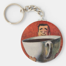 Vintage Happy Man Drinking Giant Cup of Coffee Key Chains