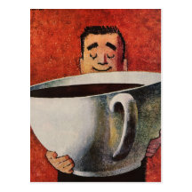 Vintage Happy Man Drinking Giant Cup of Coffee Post Card