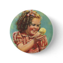 Vintage Happy Smile, Girl with Baby Chick Pinback Button
