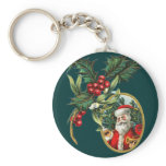 Vintage Holly and Santa Clause Christmas Key Chain