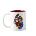 Vintage Japanese GIrl with Fan and Blossoms Tattoo mugs