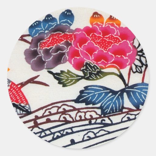 Vintage Japanese KIMONO Floral Pattern Round Stickers