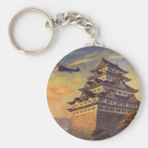 Vintage Japanese Travel Poster, Pagoda Aeroplane Keychains