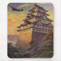 Vintage Japanese Travel Poster, Pagoda and Plane Mouse Mats
