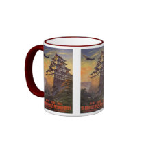 Vintage Japanese Travel Poster, Pagoda and Plane Mugs