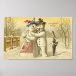 Vintage Joyeux Noel Snowman & Woman Card posters