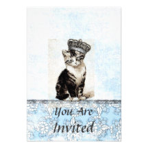 Vintage Kitty with Crown Blue Invitation