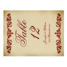 Vintage Leaf Scroll Wedding Table Number Postcard